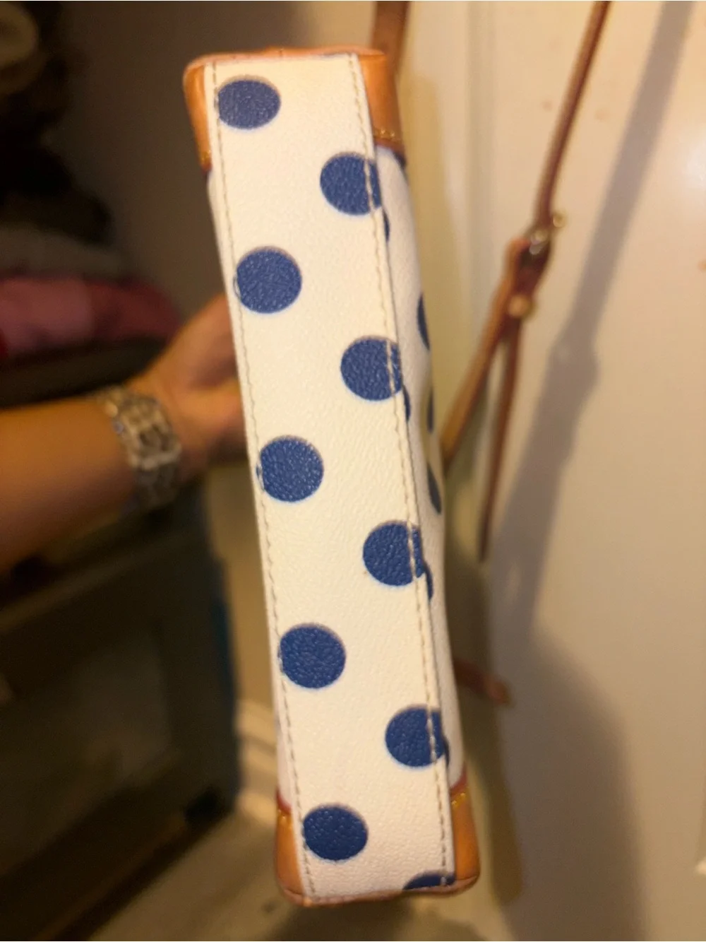 Dooney & Bourke White Navy Polka Dot Crossbody with Tan Trim